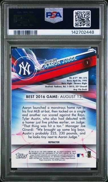 Aaron Judge RC 2017 Bowman's Best Refractor Rookie #1 PSA 10 view 2