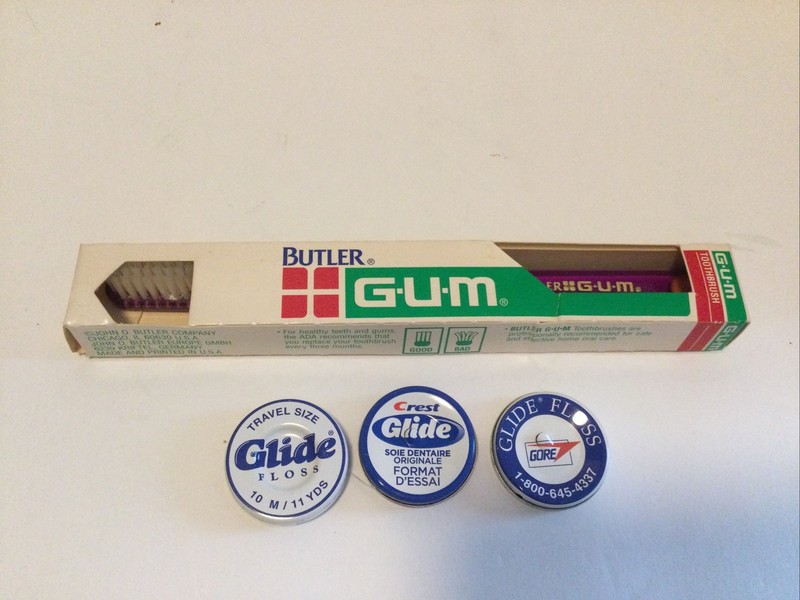 Vintage Butler GUM Toothbrush 411 Bristles Full Size Head Purple & Glide Floss