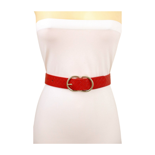 Women Red Basket Weave Faux Leather Waistband Unique Belt Gold Metal Buckle S M - Picture 2 of 23