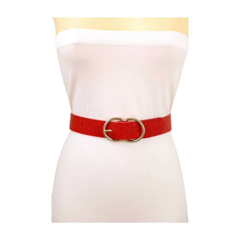 Cintura de cuero sintético tejido canasta roja para mujer cinturón único hebilla de metal dorado S M Foto 2 de 4