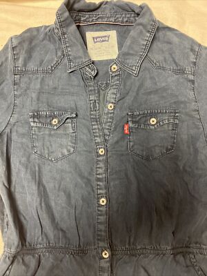 Levi's Chambray Shirt Dress Long Sleeve Blue Button Up Lyocell Denim L see pics
