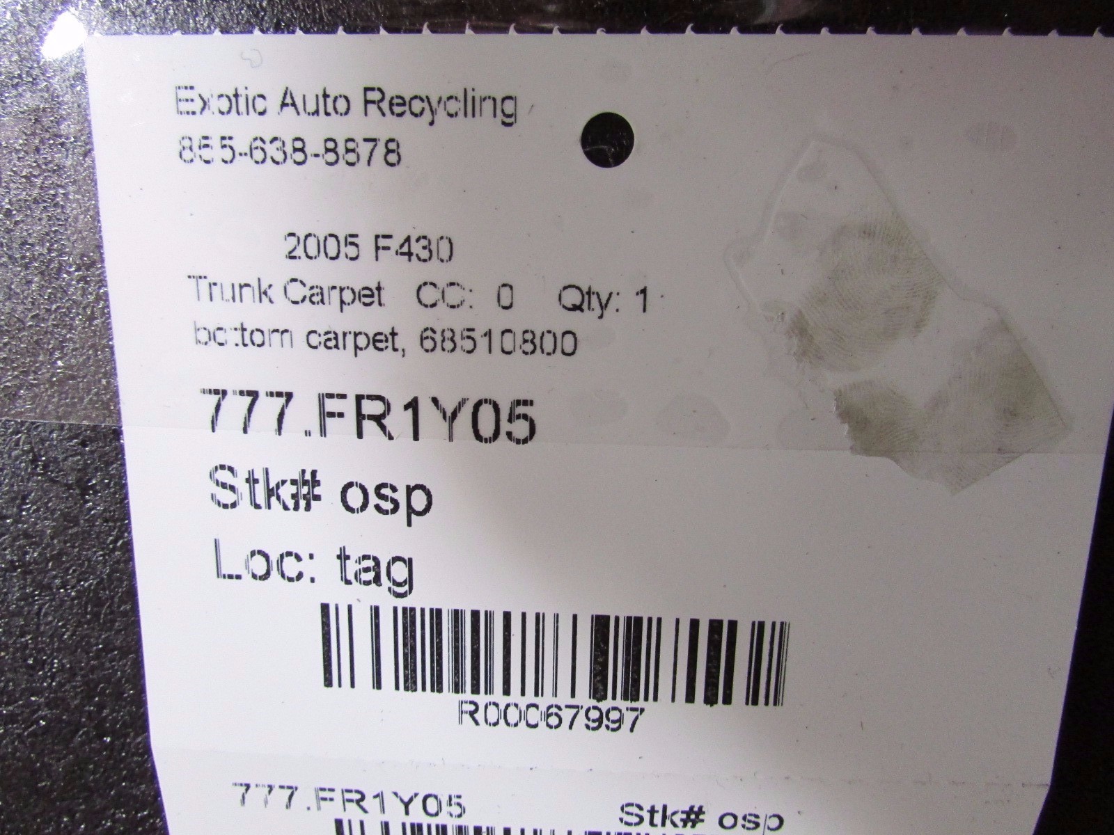 Ferrari F430, Bottom Floor Trunk Carpet, Used, P/N 68510800