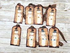 8-Christmas-Primitive-Farmhouse-Holiday-Snowman-Linen Cardstock-Gift-Hang-Tags
