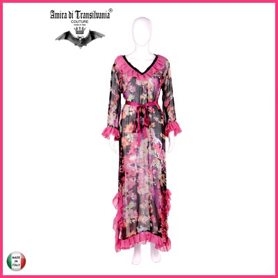 Abito Donna Vestito Estivo Caftano Elegante Curvy Lungo Chiffon Rosa Fiori 42