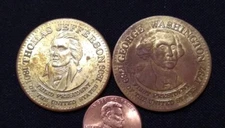 2x Brass President Tokens: Washington & Jefferson Shell's Presidential Coin Game