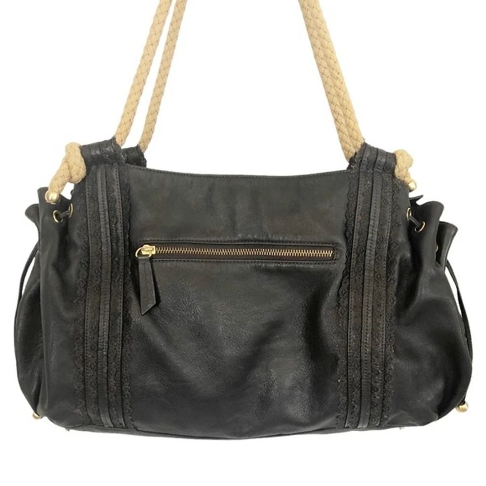 HILARY RADLEY Black Leather Lace Trim Rope Handle Satchel Bag - Image 4 of 4