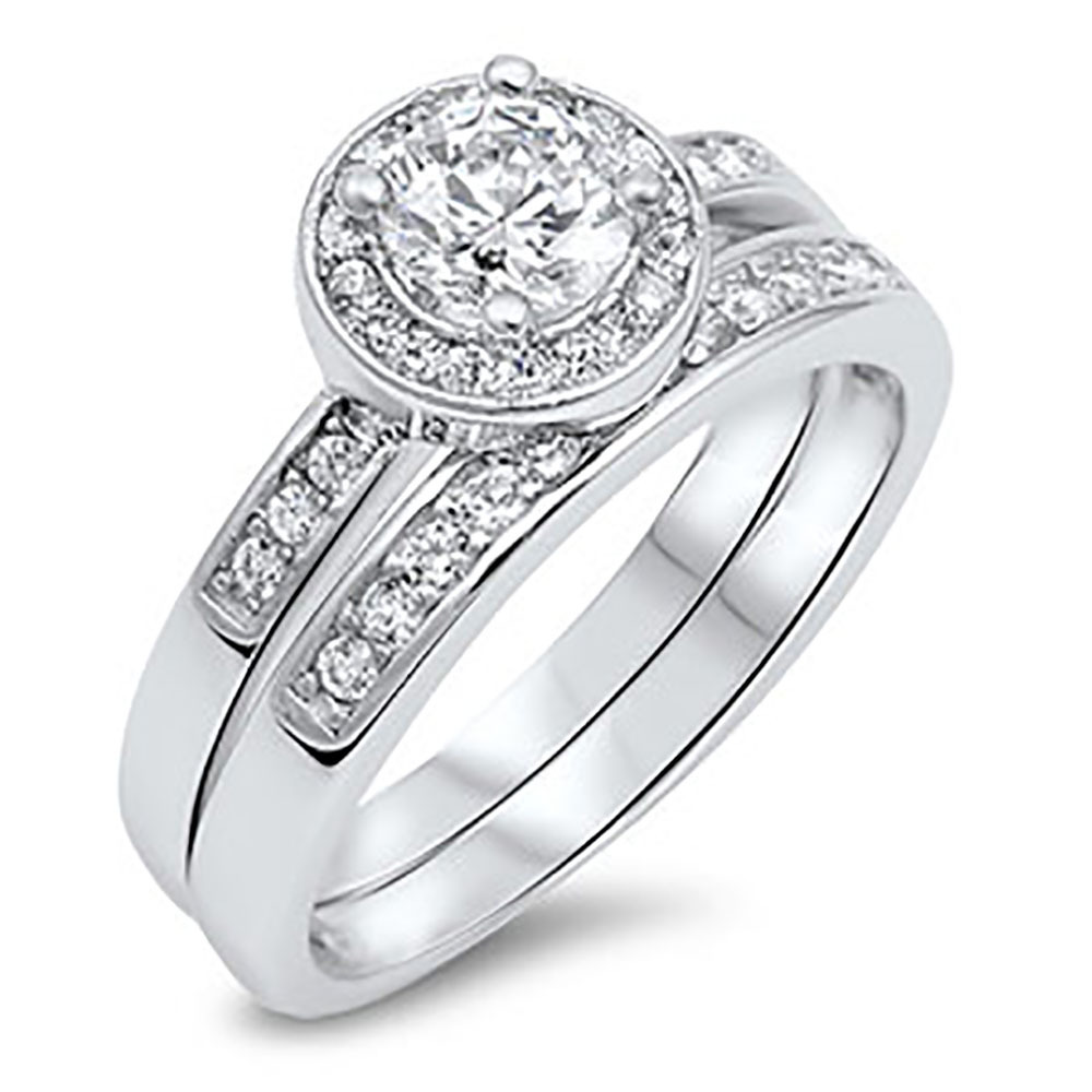 Sterling Silver 925 CZ Round Halo Engagement Ring and Wedding Band