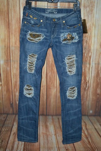 NWT Robin's Jeans Women Straight Gold Studs Factory Distress Blue Jeans sz 26x33 - Picture 11 of 15