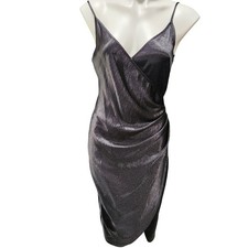 BCBG black satin slip cocktail dress rouched side Vneck Size 4