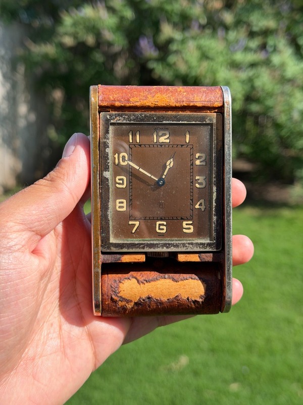 Vintage LeCoultre 8 Day Art Deco Travel Clock Purse Watch Swiss Leather Case