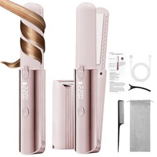 Cordless 2 In 1 Hair Straightener Curling Iron 5000mAh Power Bank LED Pink