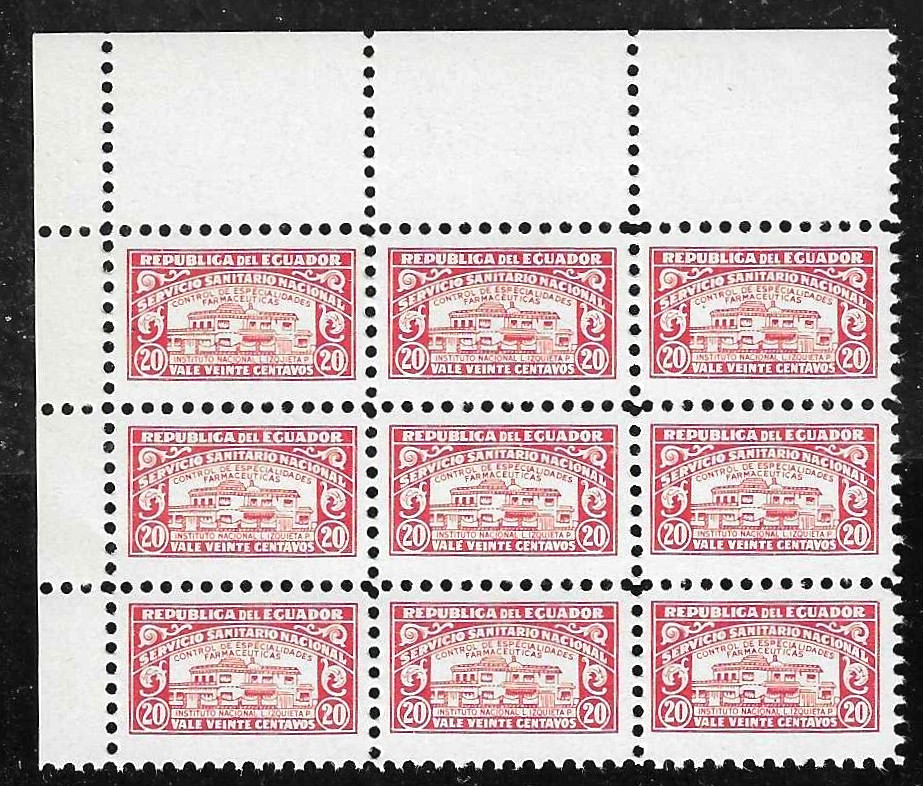Ecuador 1930's 20c Pharmaceutical fiscal, BLOCK(9) perf. 11.9x11.9 ABN archives