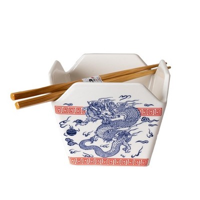 Urban Tokyo Porcelain Takeout Box Bowl w/ Chopsticks, 18oz, Oriental Dragon