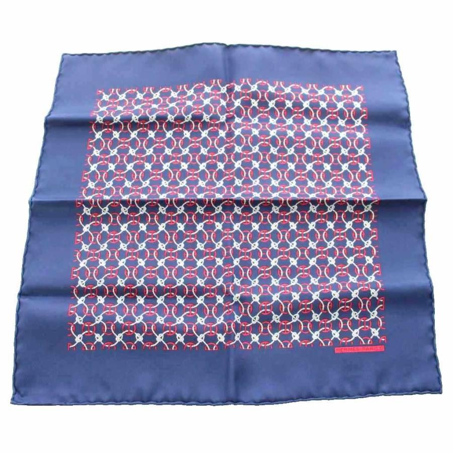 Hermes Carre 40 Scarf Silk Allover Pattern Navy Red White Ladies