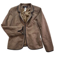 Jones New York Collection Brown Tweed Blazer Open Front Piping Jacket Womens 8