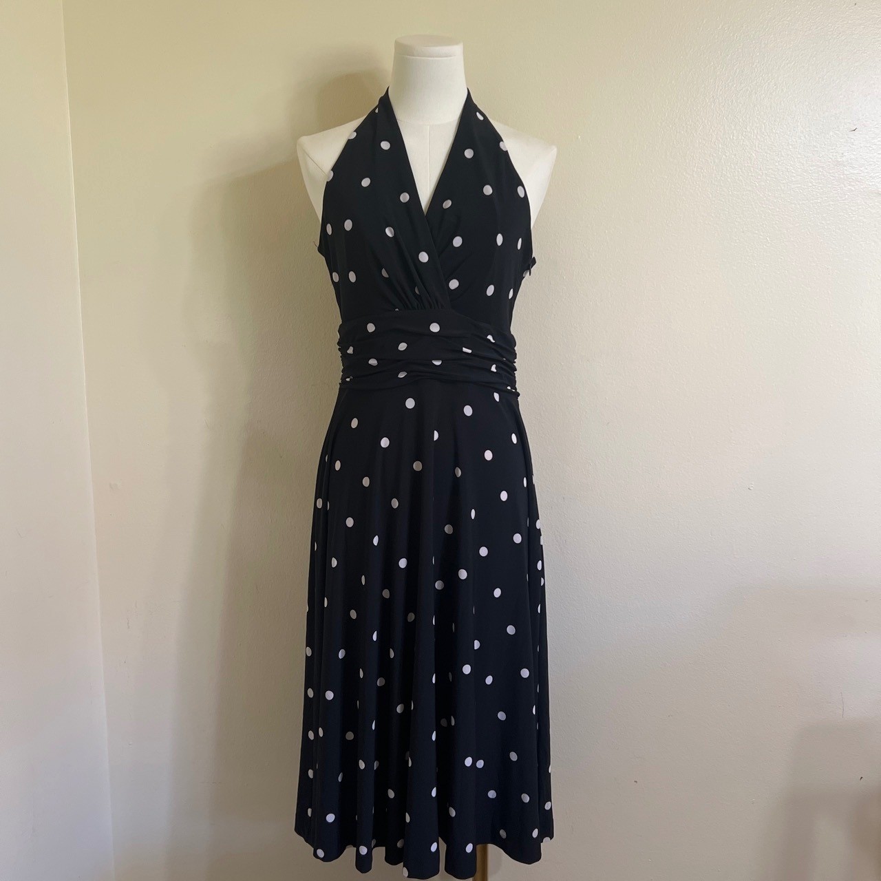 Chaps Womens Black White Polka Dot Halter Midi Dress Ruched Waist Size M
