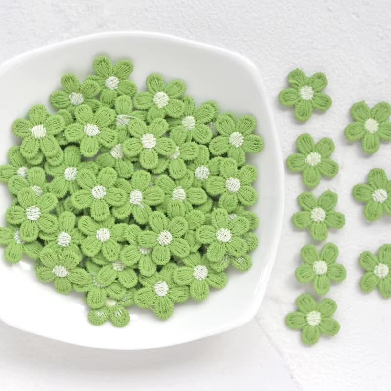 50pcs Mini Daisy Flowers Embroidered Sew On Applique 1.5cm, Lemon Green 