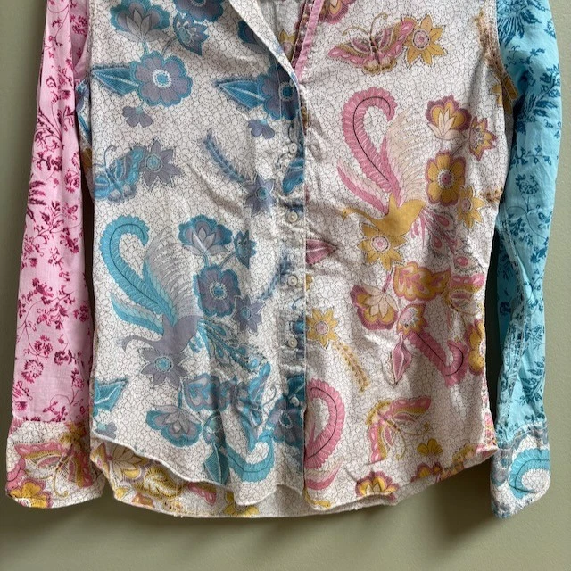 Camisa de Cine para Mujer Patchwork Artística con Botones Talla XS Boho Hippie Festival Paisley Foto 3 de 4