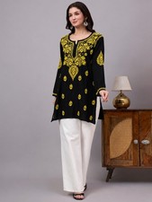 Women's Green Rayon Chikankari Short Kurta Hand Work, Ethnic Kurta, Lucknowi