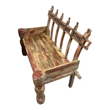 Antique Chinese Wood Bench Red Yellow Distressed Farmhouse Boho Accent Seat