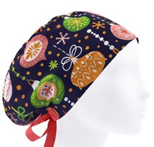Euro Scrub Hat, Christmas Print, Cotton Surgeon Cap, Surgical Bonnet with Ties
