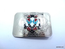 Native American THUNDERBIRD Belt Buckle Turquoise Coral Black Enamel Eagle