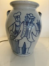 ELDRETH Pottery Table Lamp signed 1997- Colonial Man/Woman- Salt Glaze Vintage