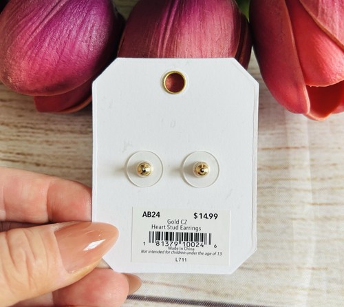Amanda Blu Gold Tone Cubic Zirconia Heart Shaped Stud Earrings NWT - Picture 4 of 8