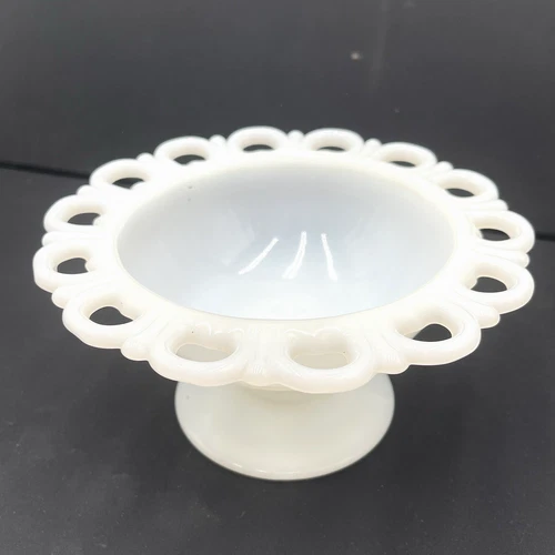 VTG Anchor Hocking Candy Dish Milk Glass 7" Lace Edge Bowl Pedestal Compote