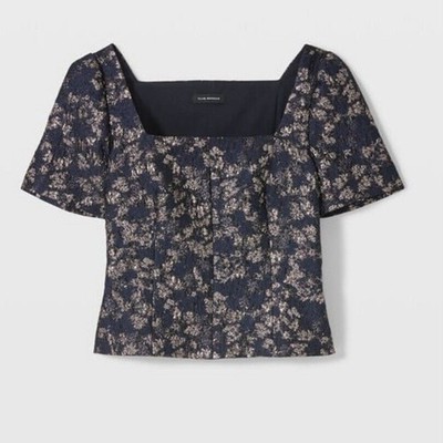 Club Monaco Brocade Puff Sleeve Chemise Top Navy Blue Size 6 NWOT $149