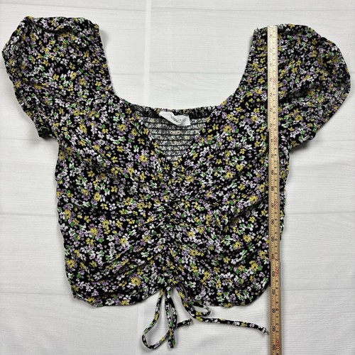 Elodie Cinched Front Blouse Size Medium Black Floral Short Sleeve Nordstrom - Picture 2 of 8