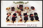 CHRISTMAS Postcard 1936 Humanized Dogs & Cats Dinner