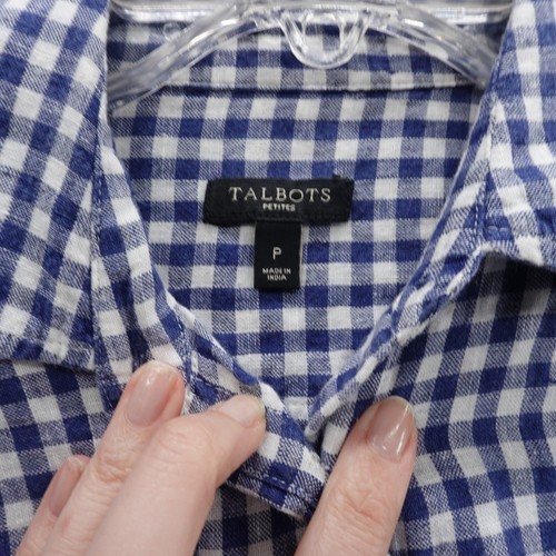 Talbots Gingham Check Roll Tab Linen Button Down Top P Small Blue White Womens - Picture 5 of 10