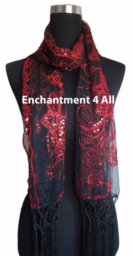 Elegant Oblong Lace Floral Art Scarf Wrap w/ Sequin Black/Red - Picture 2 of 6