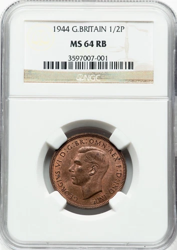 England - 1944 George VI - 1/2 Penny - NGC MS64 RB - ONLY 3 GRADED FINER!