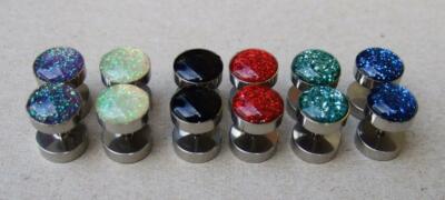 1 PAAR EDELSTAHL FLESH TUNNEL PIERCING OHRRINGE FAKE PLUG GLITTER  HANTEL 10 MM