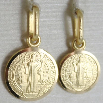 CIONDOLO MEDAGLIA ORO GIALLO 750 18K, PROTEZIONE, SAN BENEDETTO, CROCE, SOLIDA