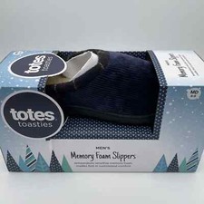 Totes Toasties Men's Memory Foam Slippers Navy Blue Corduroy Plaid Medium 8-9