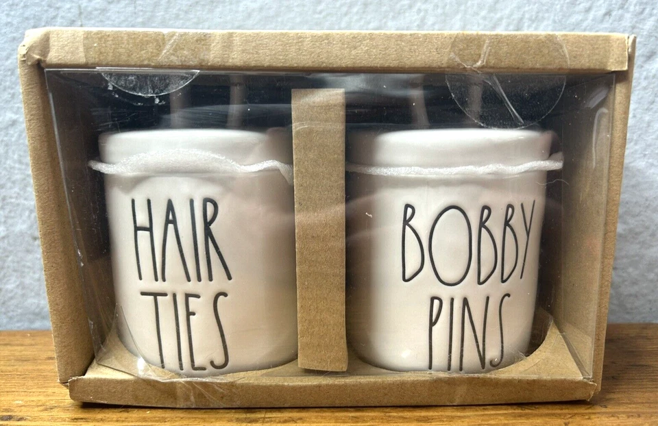 Rae Dunn Hair Ties Bobby Pins 2 Small White Ceramic Canisters Looped Lids - Image 3 of 3