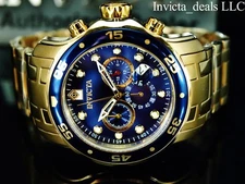 Invicta Men's 48mm Pro Diver SCUBA Chronograph Blue Dial 18KT Gold Plated Watch