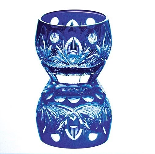 Japanese Collectible Edo Kiriko Cut Glass Azure Blue Lotus Sake Cup JAPAN MADE