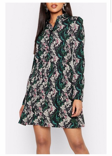 Boohoo Tall Green Snake Print Long Sleeve Shirt Smock Dress Size 8 - Picture 11 of 12