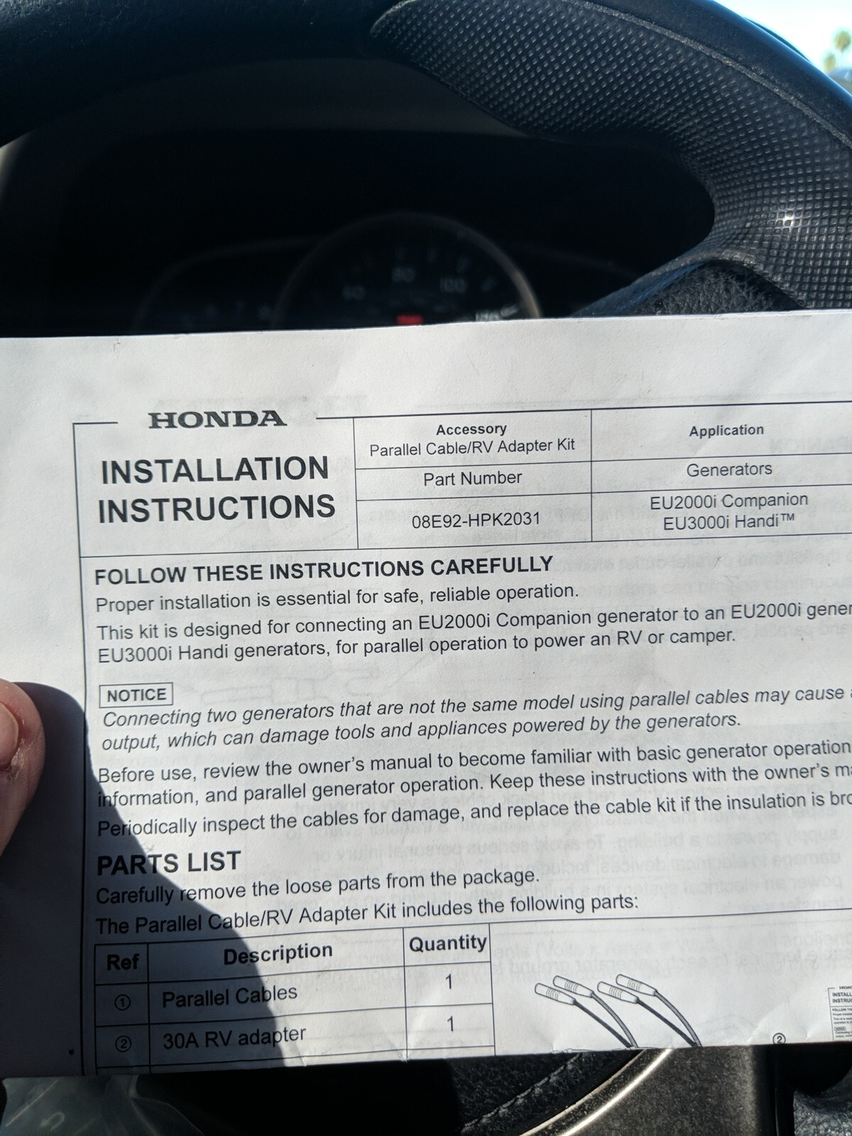 Honda 08E92HPK2031 Parallel Cable for EU2000i Companion/ EU3000i Handi