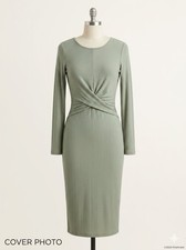 Nine West Women’s Sage Green Ribbed Midi Dress Twist Front Long Sleeve Size S