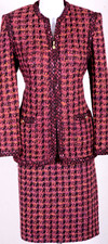 ST.JOHN Women's Tweed Pink Burgundy Orange Trim Zip Jacket Skirt Sz 12