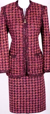 ST.JOHN Women's Tweed Pink Burgundy Orange Trim Zip Jacket & Skirt Sz 12