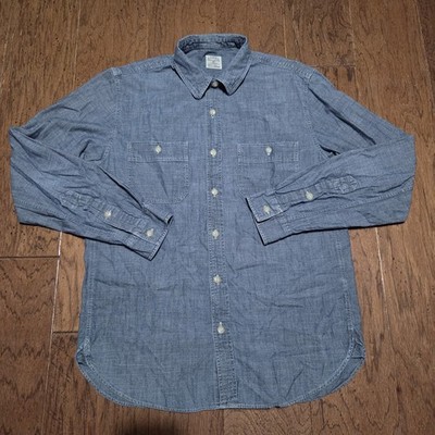 J Crew Shirt Blue Chambray Double Pocket Work Utility Loop Collar Chin Strap M