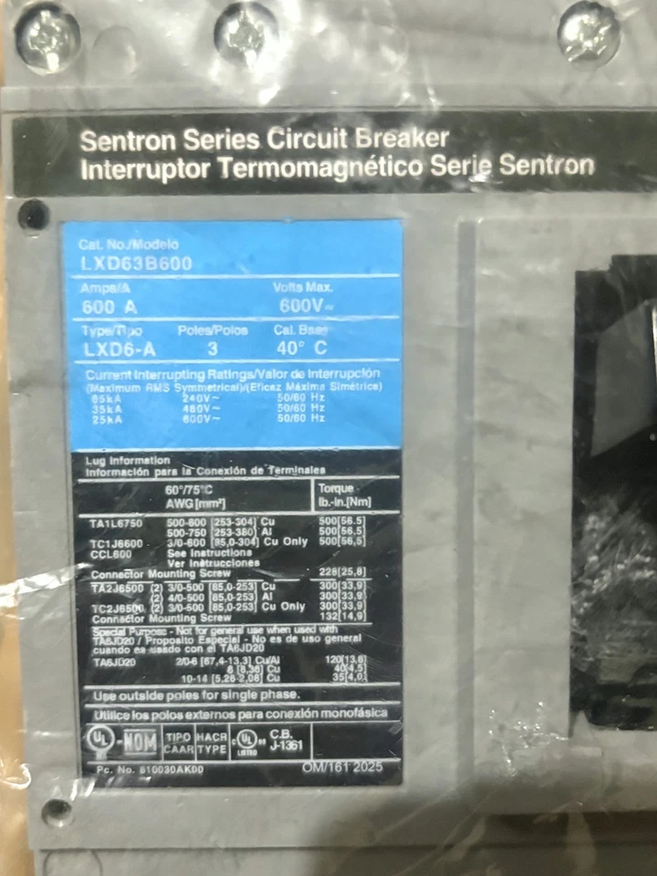SIEMENS LXD63B600 600V 600AMP 3POLE CIRCUIT BREAKER SIEMENS - Image 2 of 2