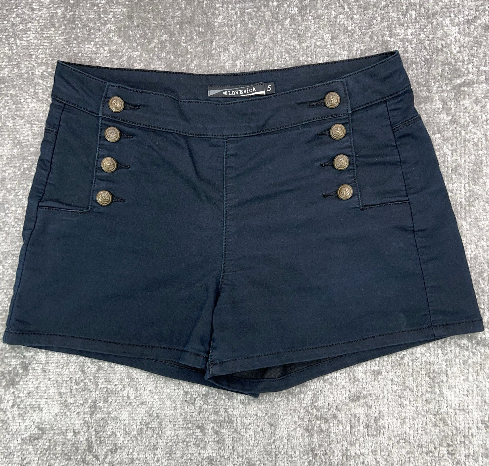 LOVESICK Sailor Shorts Women’s 5 Black High Waist Gold Anchor Buttons Nautical