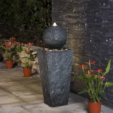 Outdoor Water Fountain with LED Light, Decorative Sphere Pedestal Outdoor Fou...